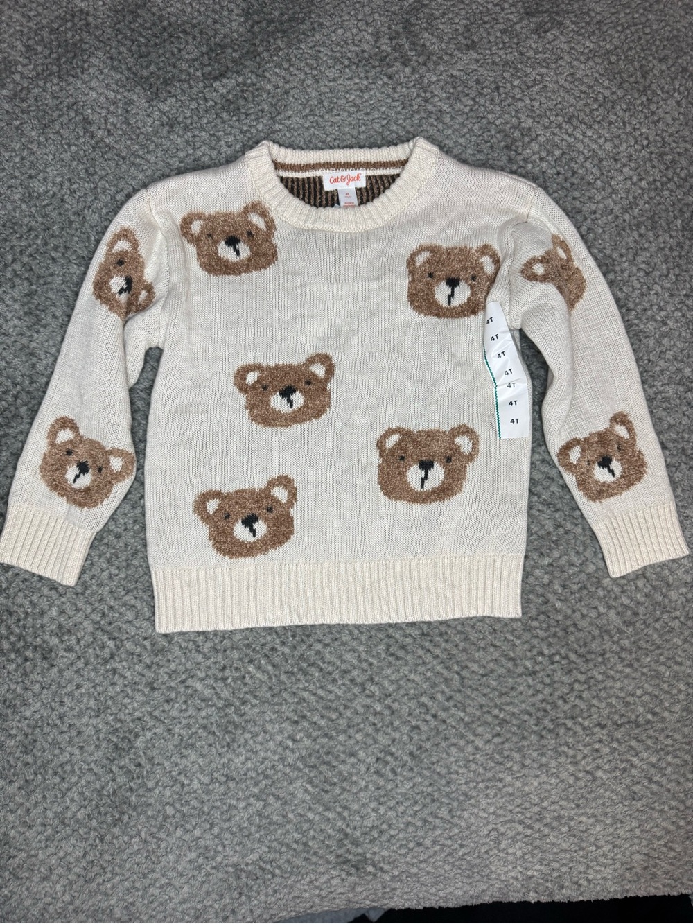 Cat & Jack Toddler Boys Teddy Bear Pullover Knit Sweater - Cream Size 4T NWT